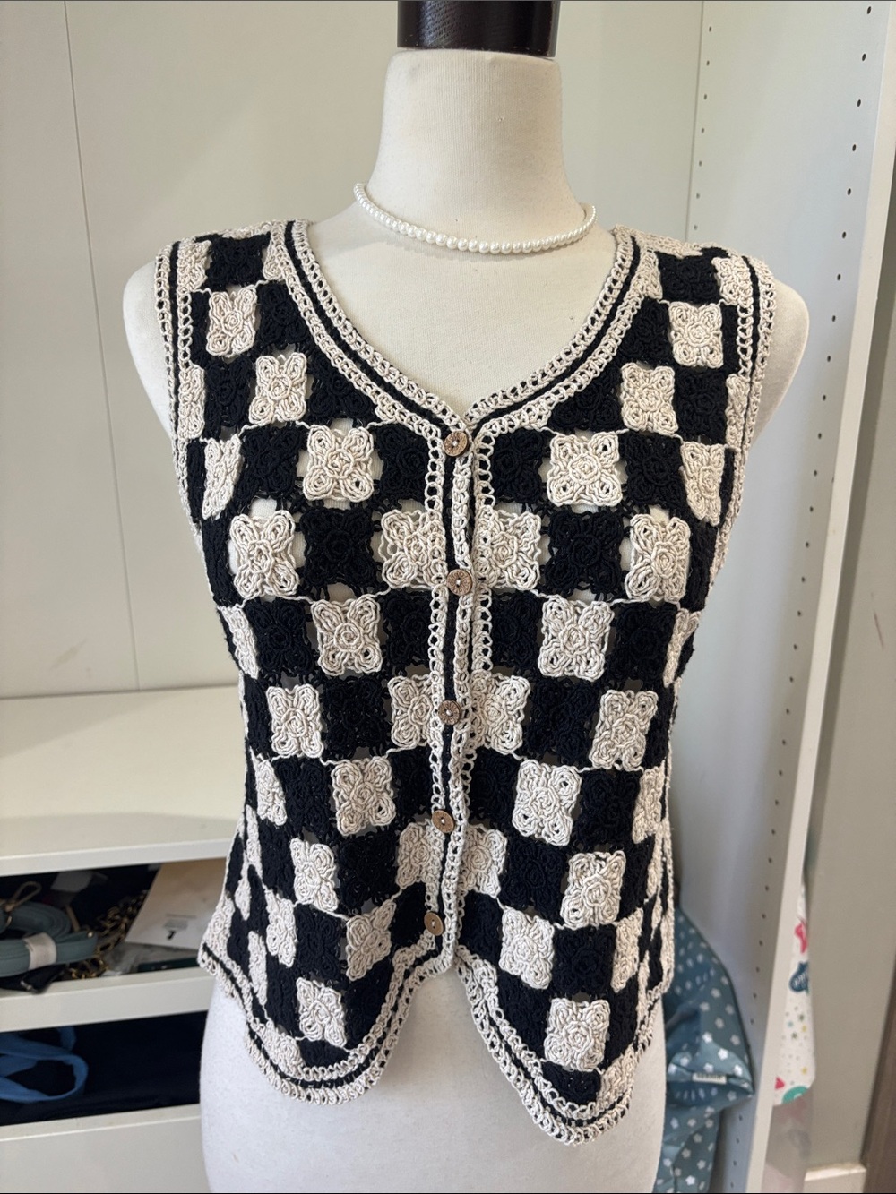Black and Cream Crochet Checkered Sleeveless Button-Down Top